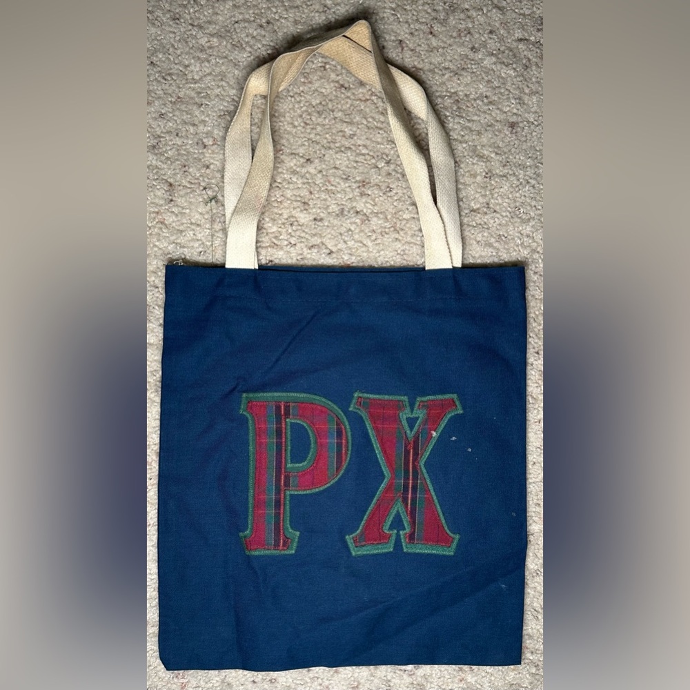 Blue Canvas Tote Bag with Plaid Accents